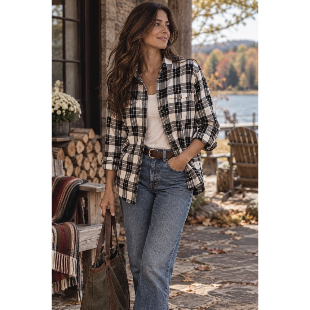 Duluth Trading Co Flannel Shirt Black White Plaid Cotton Gorpcore Heritage M